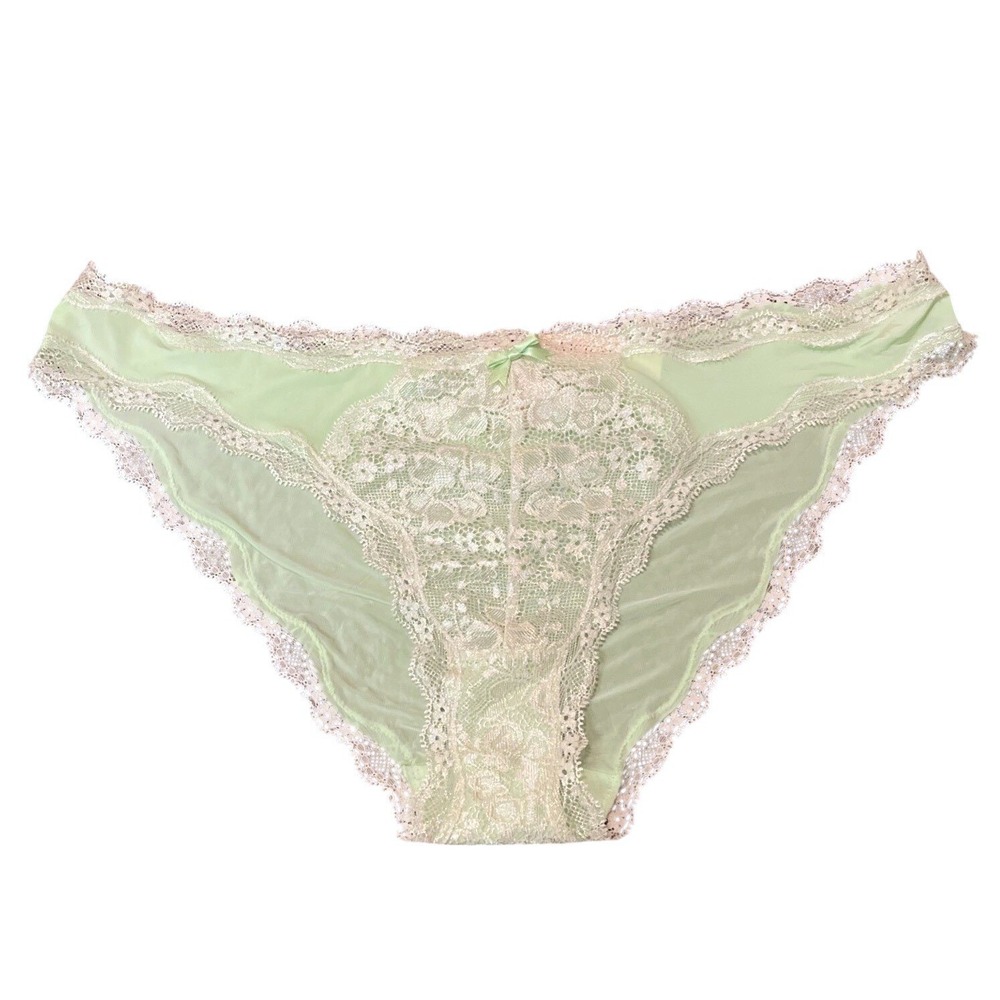 Victoria's Secret Dream Angels Cheekini Large Green Melon Sheer Satin White Lace